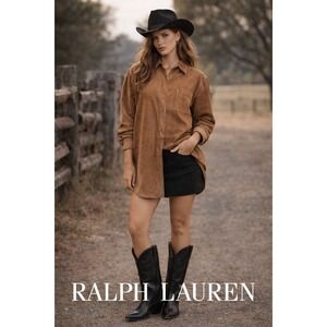 VTG LAUREN RALPH LAUREN Suede Genuine Leather Button Up Shirt Jacket Tan Medium